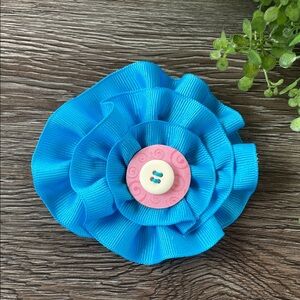 Bright Blue Ribbon Flower Hair Clip with Pink Button Center